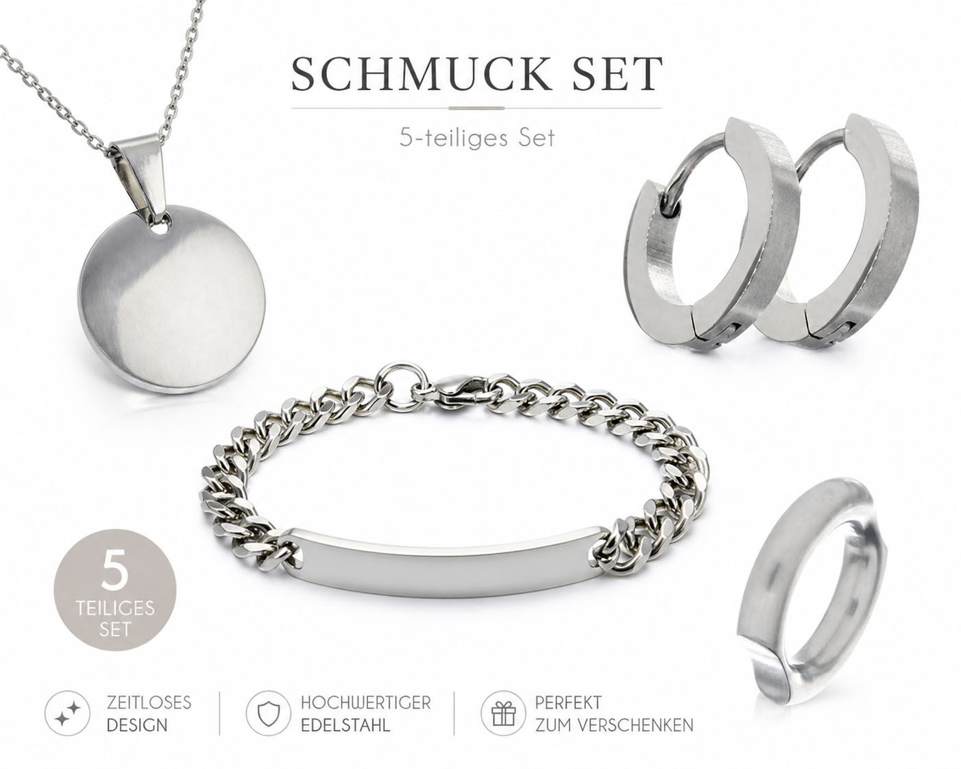 Schmuckset aus Edelstahl in Silber mit Kette, Ring, Kreolen, Anhänger und Armband
