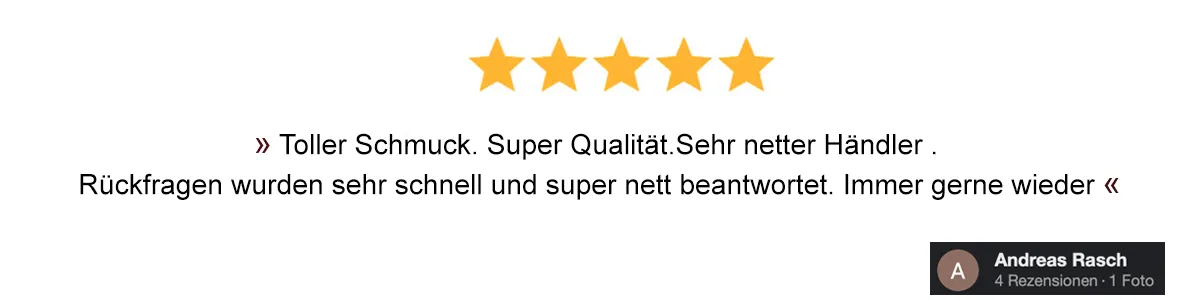 Toller Schmuck. Super Qualität.Sehr netter Händler . Rückfragen wurden sehr schnell und super nett beantwortet. Immer gerne wieder