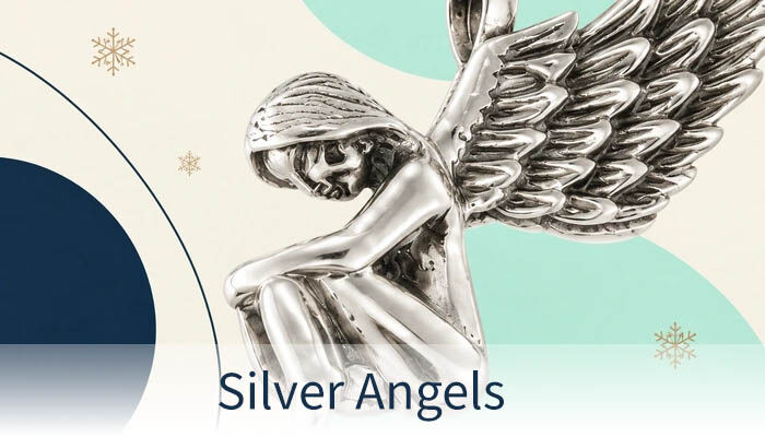 Silver angel pendant with intricately detailed wings against a geometric background.