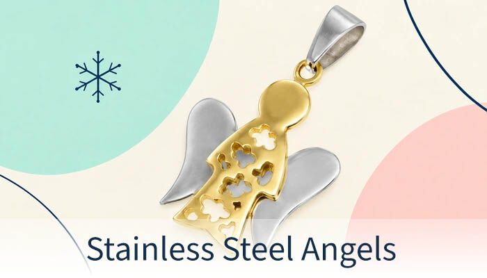 Gold- and silver-colored stainless steel angel pendants set against pastel-colored backgrounds.