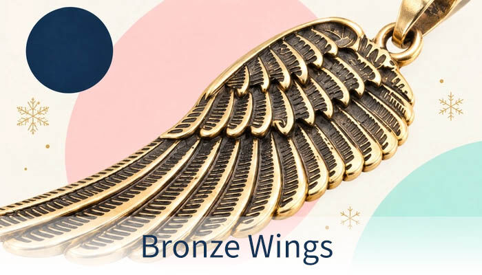 Wing-shaped bronze pendant with a detailed feather desig