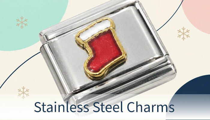 Stainless steel charm featuring a red-enameled Christmas stocking with a gold-colored border.