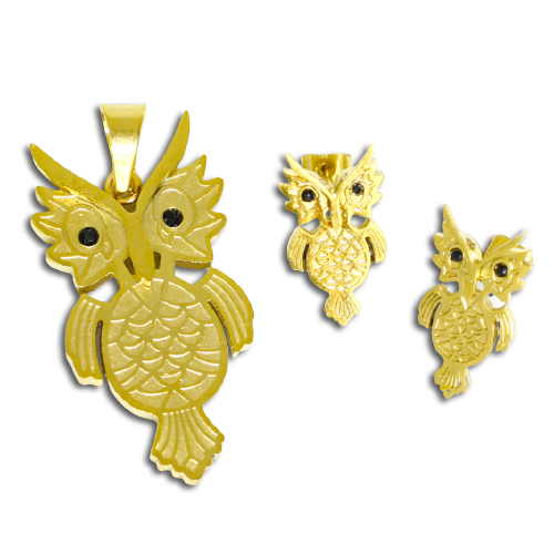 SET Edelstahlanhänger - & Ohrringe - EULEN "goldfarbend"