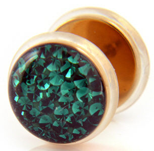 Fake Plug - Emerald - PVD-Gold - 11 mm mit Steinen