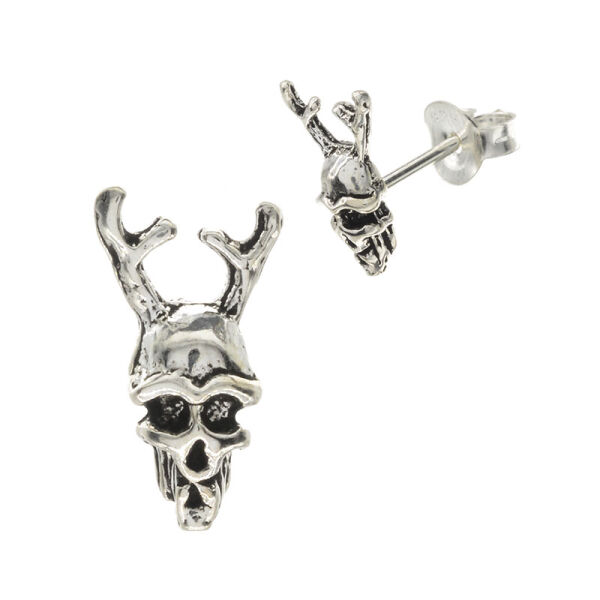 Silver Stud Earrings - Skull with Antlers