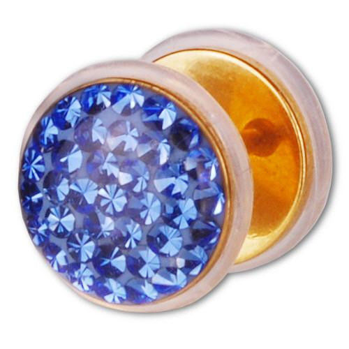 Fake Plug - Sapphire Blue - PVD-Gold - 11 mm mit Steinen