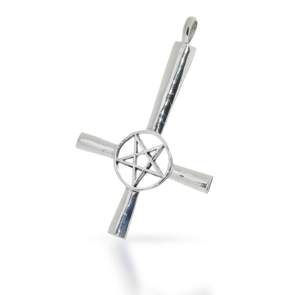 Inverted Cross Pendant with Circled Pentagram in 925 Sterling Silver