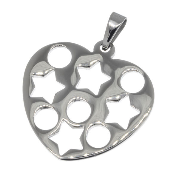 Stainless Steel Pendant – Open Heart with Stars and Circles
