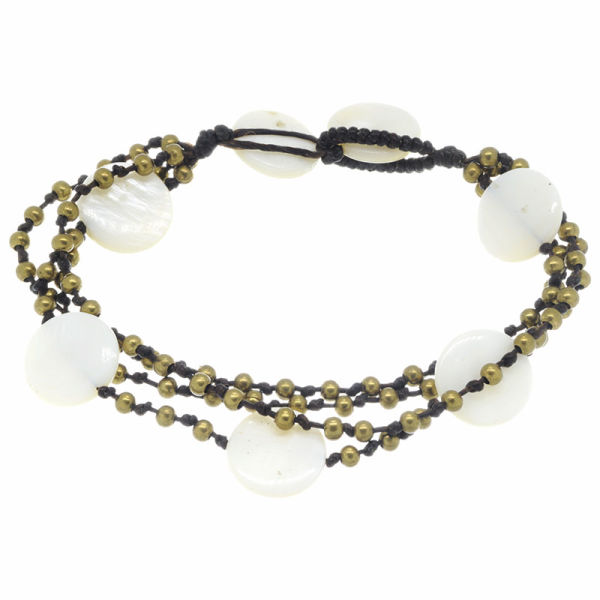 Leather bracelet - mother-of-pearl with bronze beads