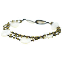 Leather bracelet - mother-of-pearl with bronze beads