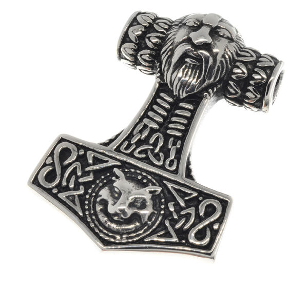 Stainless Steel Pendant – Thor’s Hammer with Bearded Face and Animal Motif