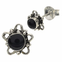 Silberohrstecker Blume mit schwarzem Stein