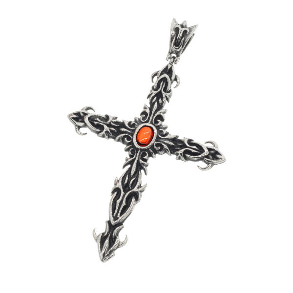 Stainless Steel Pendant – Scroll Cross with Red Decorative Stone