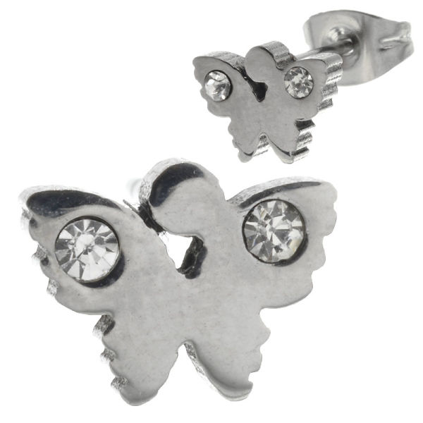 Stainless steel ear studs - butterfly with stone