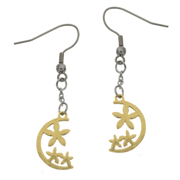 Stainless Steel Drop Earrings – Gold-Coloured Crescent with Star Ornament