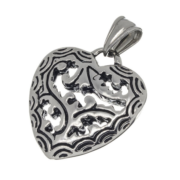 Stainless Steel Pendant – Heart with Dark Scrolls and Wavy Border