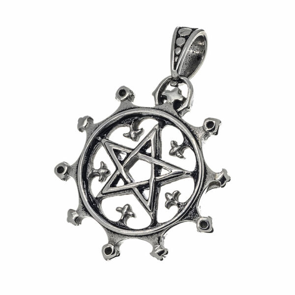 Stainless Steel Pendant – Pentagram with Lilies and Decorative Points