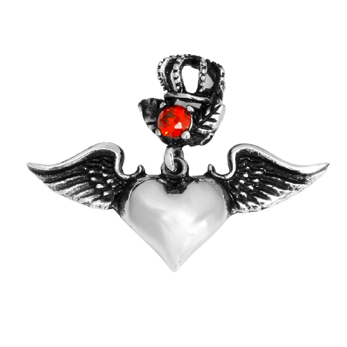 Stainless Steel Pendant – Crowned Winged Heart with Decorative Stone