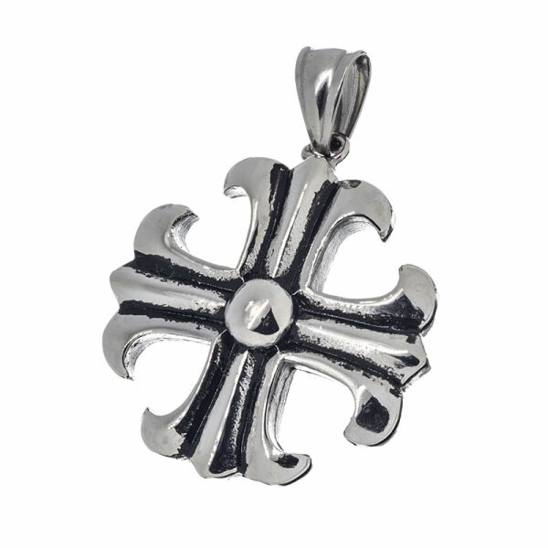 Stainless Steel Pendant – Compact Fleur-de-Lis Cross with Round Centre