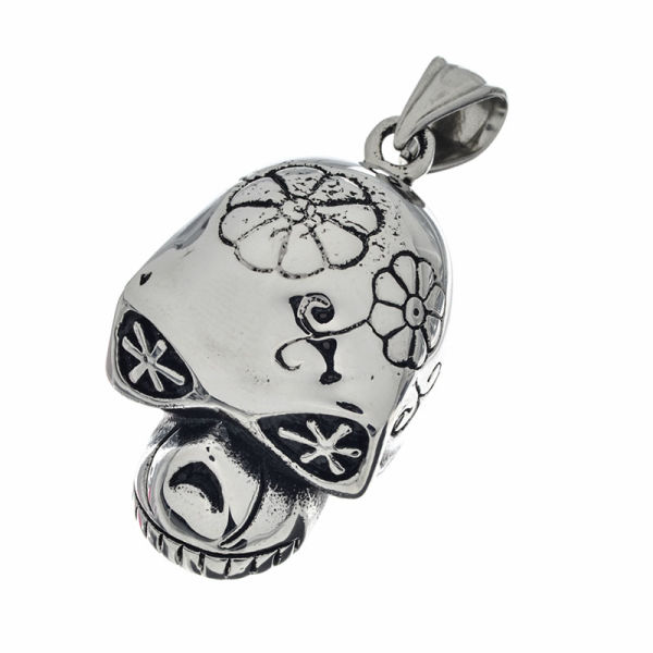 Edelstahlanhänger - Totenkopf mit Blumen