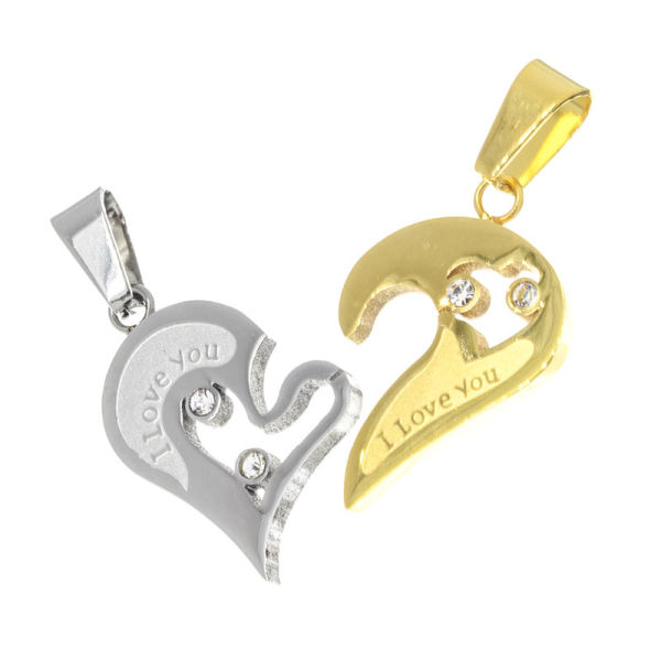 PartnerEdelstahlanhänger - Herz "I love You" mit Stein "goldfarbend"