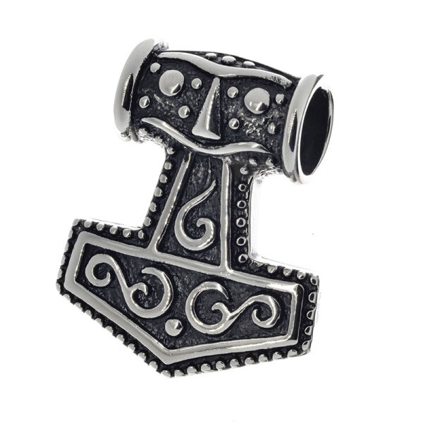 Stainless Steel Pendant – Thor’s Hammer with Spirals and Dotted Border