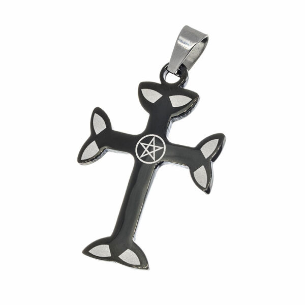 Edelstahlanhänger – Schwarzes Kreuz mit Knotenspitzen und Pentagramm