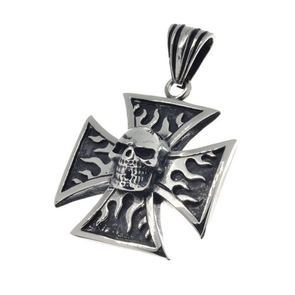 Edelstahlanhänger - Eisernes Kreuz mit Totenkopf und Flammen