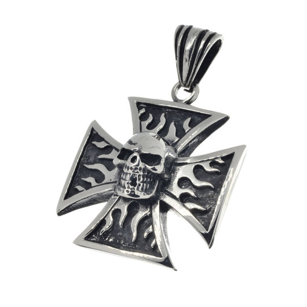 Stainless Steel Pendant - Iron cross with skull and flames