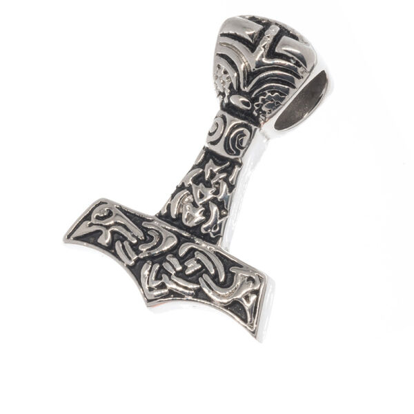 Stainless Steel Pendant – Thor’s Hammer with Woven Relief and Curved Head