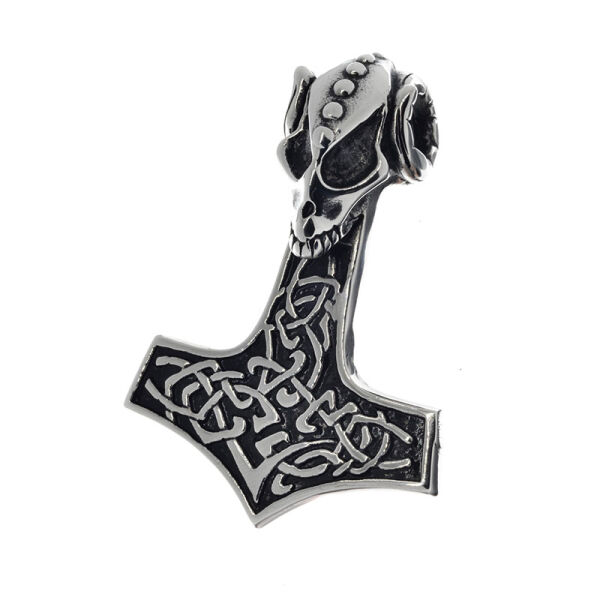 Stainless Steel Pendant – Thor’s Hammer with Animal Skull and Interlaced Pattern