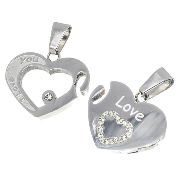 Stainless Steel Pendant – Love Partner Hearts with Open and Solid Motifs