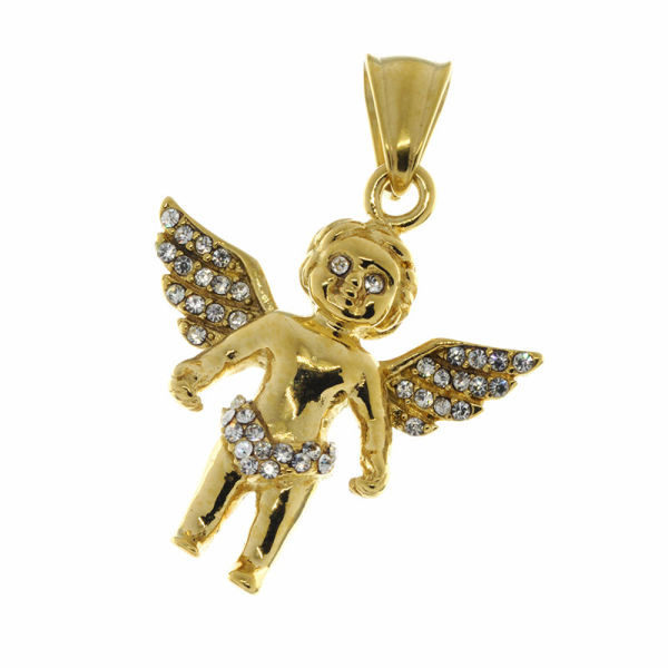 Stainless steel pendant - golden angel with stones