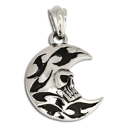 Stainless Steel Pendant – Crescent with Skull and Flame Ornament