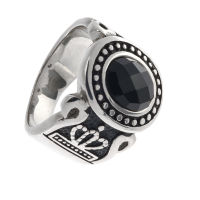 Stainless Steel Ring - with Black Glass Crown Embellishment