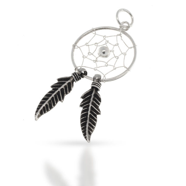 925 Sterling Silver Pendant - Dreamcatcher with Sphere and two Feathers - 10mm