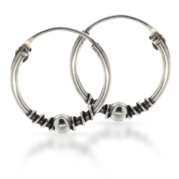 Bali Hoop Earrings “Cemarlia” in 925 Sterling Silver – Bead and Wrapped Detail, 15 mm (Pair)