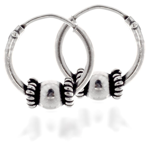 Bali Hoop Earrings in 925 Sterling Silver – Bead and Grooved Rings, 10 mm (Pair)