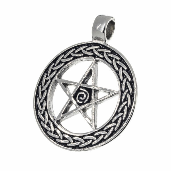 Stainless Steel Pendant – Pentagram with Spiral Centre and Leaf Border