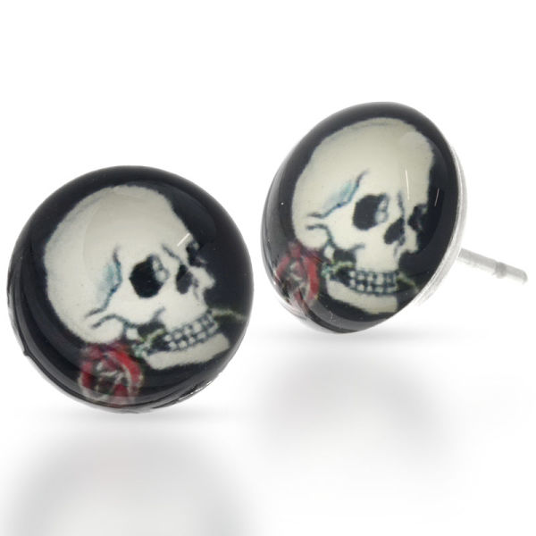 Stainless steel ear studs - skull with rose