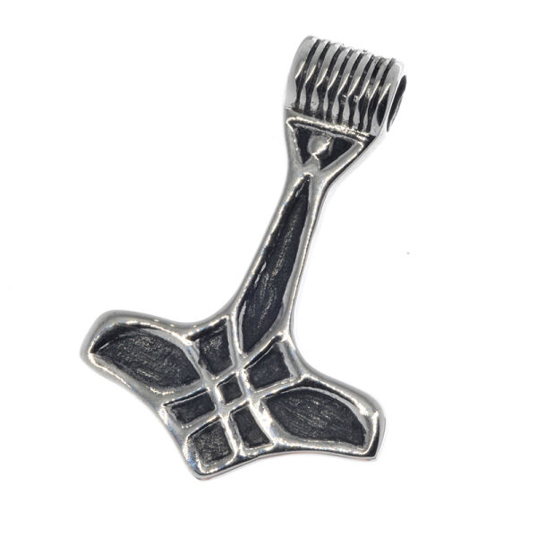 Stainless Steel Pendant – Slender Thor’s Hammer with Geometric Centre