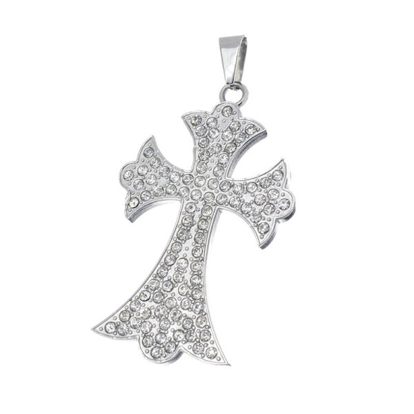 Stainless Steel Pendant – Curved Cross with Dense Stone Setting