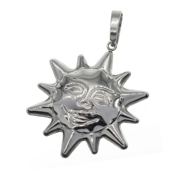Stainless Steel Pendant – Large Sun Face in a Steel-Coloured Finish