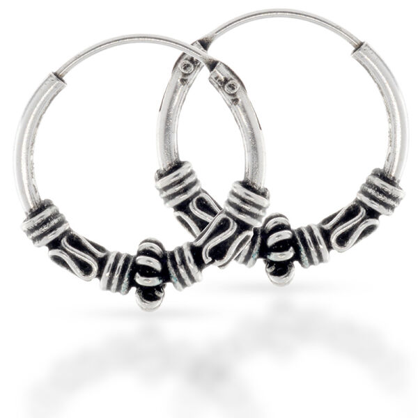 Bali Hoop Earrings “Vimor” in 925 Sterling Silver – Wave Motifs and Grooves, 14 mm (Pair)