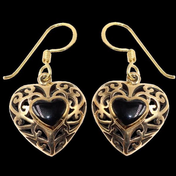 Bronzeohrringe Herz onyx hinten offen