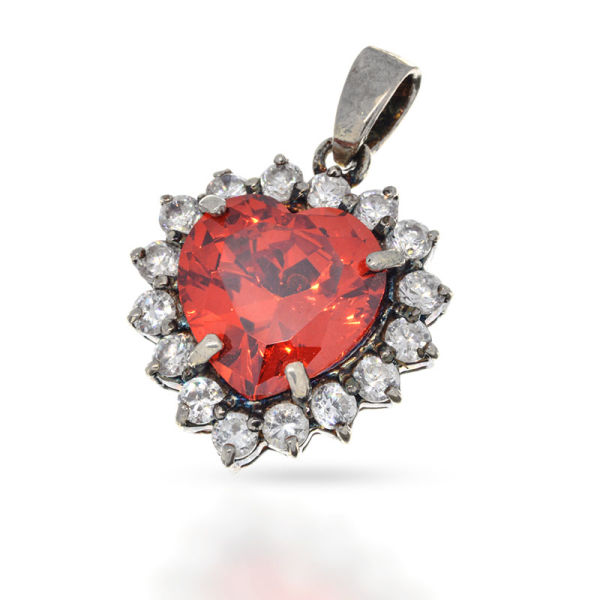 925 Sterling Silberanhänger - Herz mit Cubic Zirkonia "rot"
