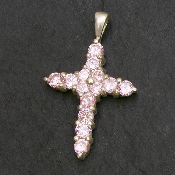 925 Sterling Silberanhänger - Kreuz mit Cubic Zirkonia rosa