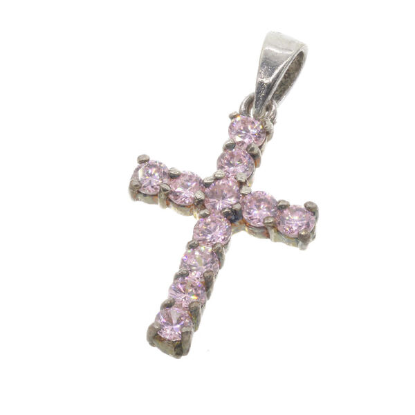 925 Sterling Silver Pendant - Cross with Pink Cubic Zirconia “Jan”