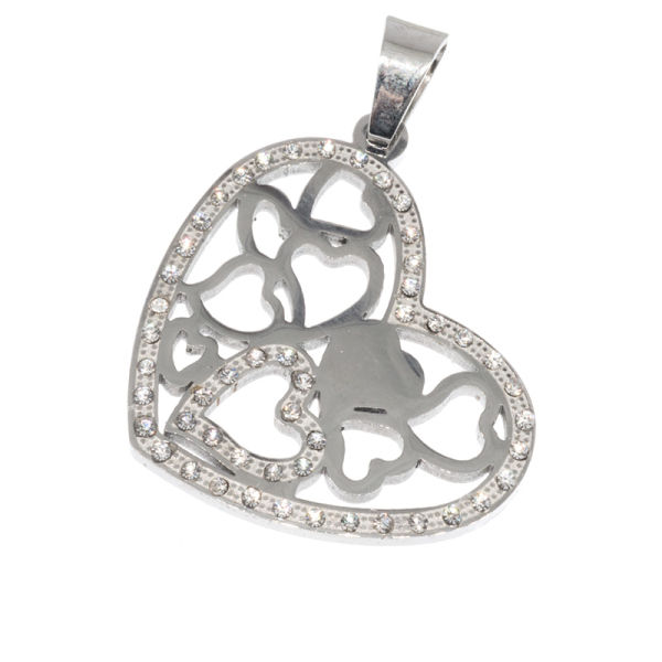 Stainless Steel Pendant - Heart with Crystals - Steel