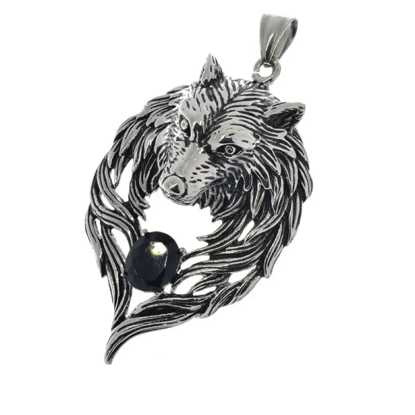 Edelstahlanhänger - Wolf mit Stein 74 mm-Schwarz